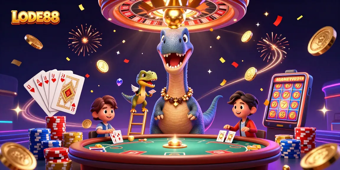 Play lively games at LODE88 with a dazzling 3D casino scene featuring vibrant characters and winning elements.