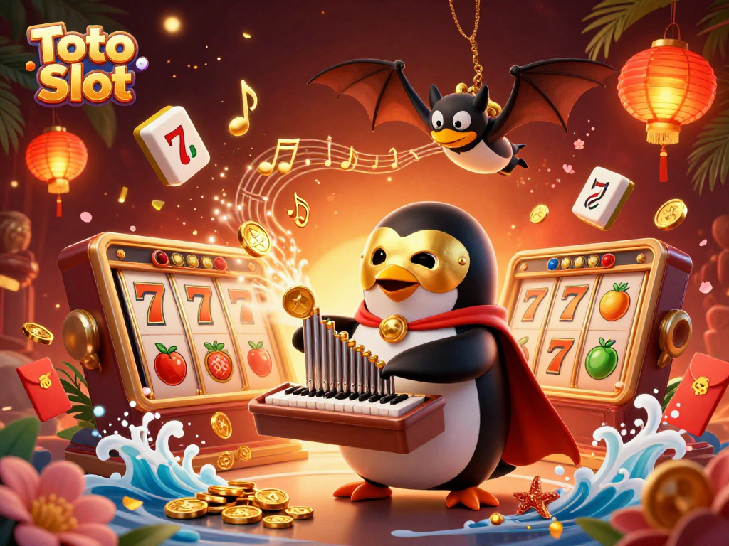 Toto Slot offers engaging gameplay with a dazzling scene of a penguin organist amidst animated gold coins and slot symbols.