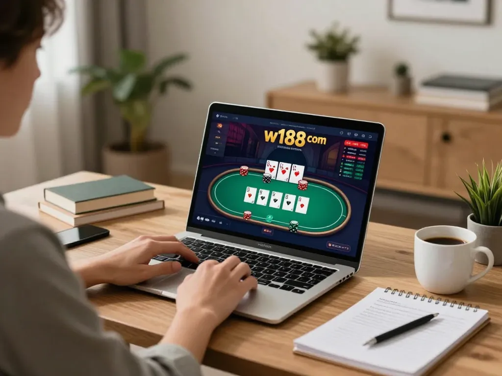 Engaging in online gaming at w188 com with poker game displayed on laptop screen.