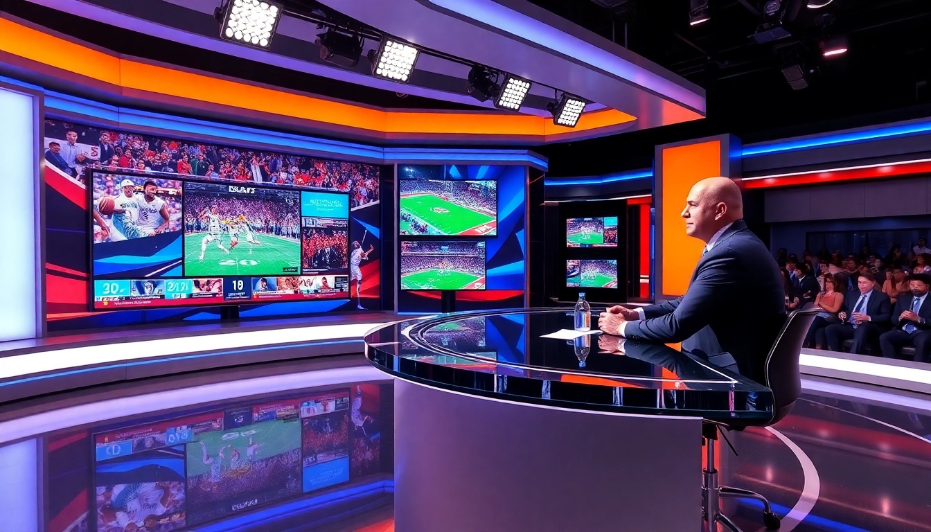 Engaging scene of sports broadcasting with a dynamic anchor and live coverage setup.