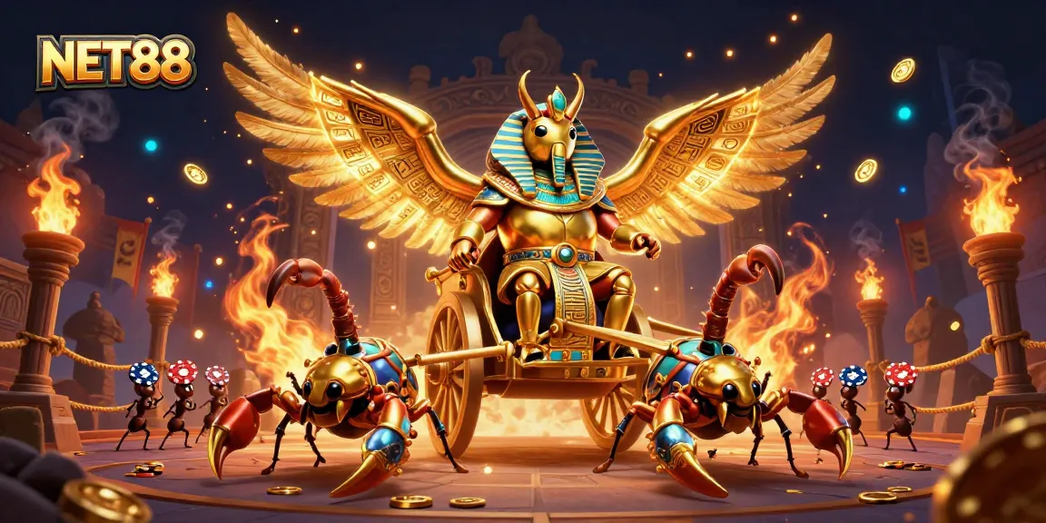 Experience NET88 excitement with a vibrant scene featuring a golden scarab beetle and scorpions in a dynamic casino setting.