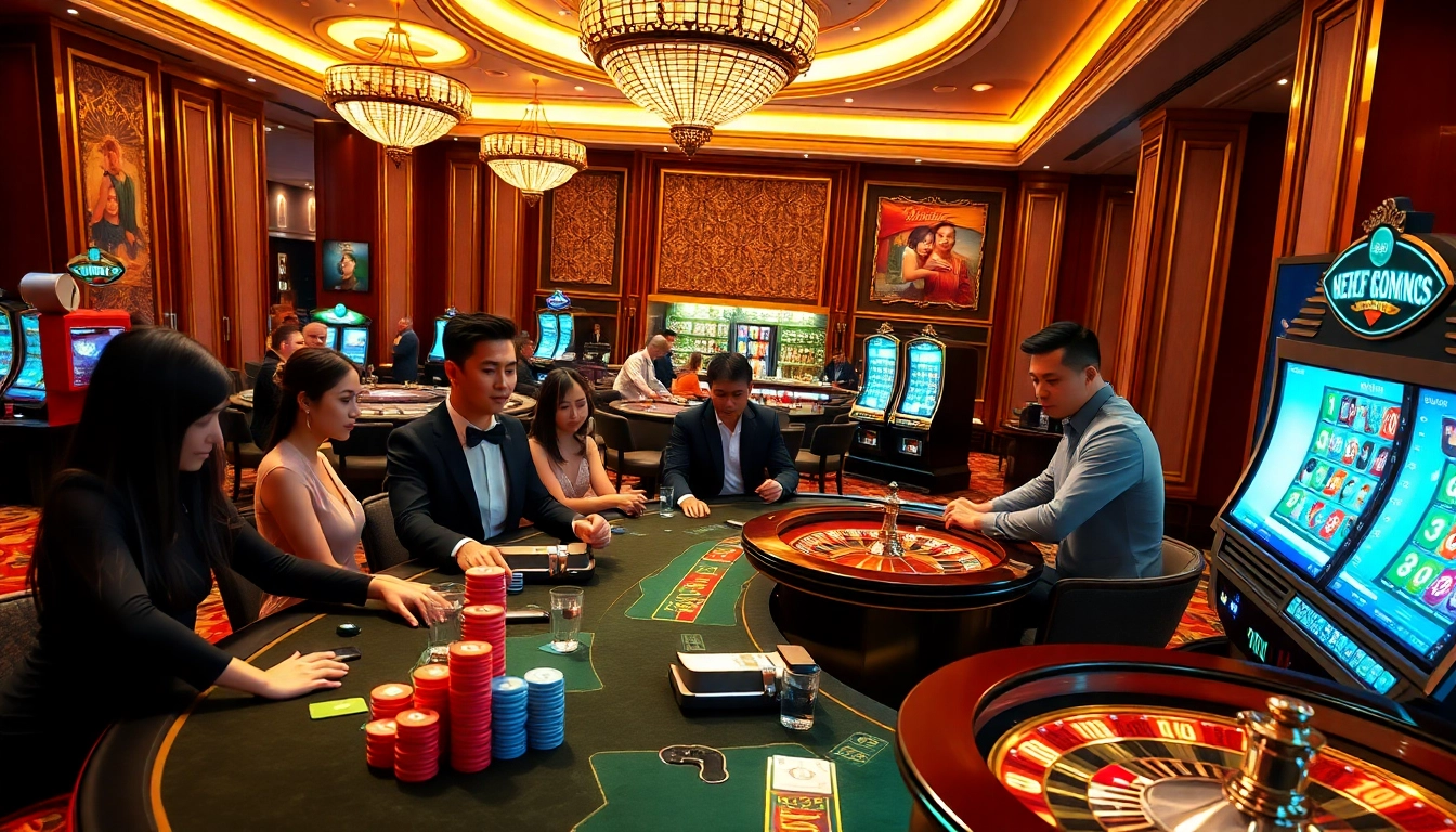 High-stakes game night at Nhà cái CF789, featuring poker tables and slot machines.