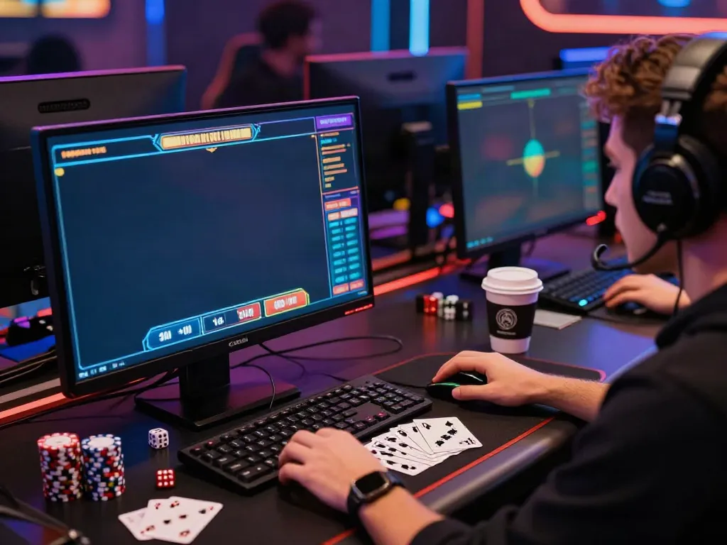 Player enjoying akunjp online slot game in a vibrant gaming setup