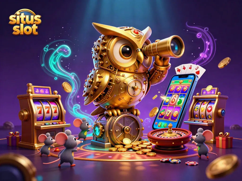 Permainan situs slot dengan simbol keberuntungan dalam ilustrasi kasino yang hidup.