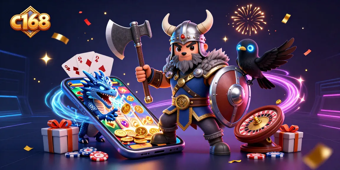 c168 brings excitement to players with a dynamic 3D illustration of a Viking warrior, dragon, and gaming elements.