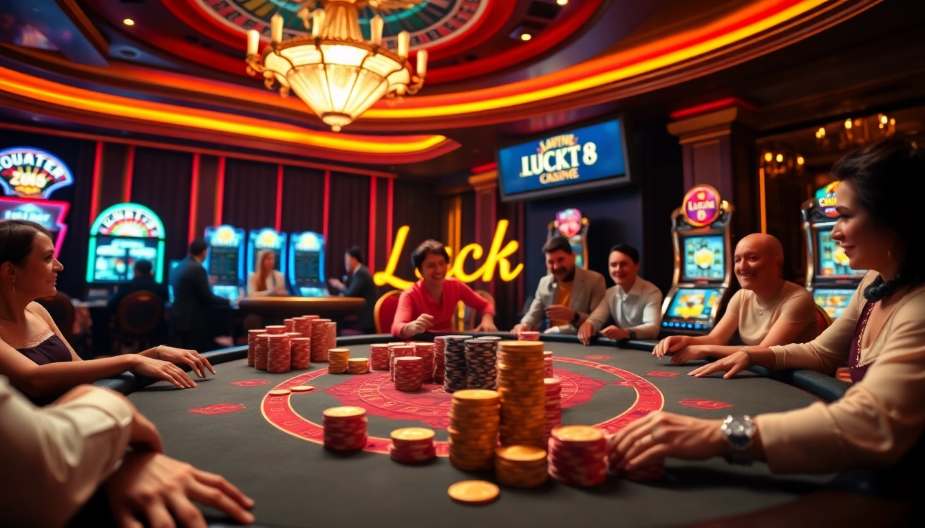 Experience the excitement of luck 8 at a luxurious casino blackjack table surrounded by colorful chips.
