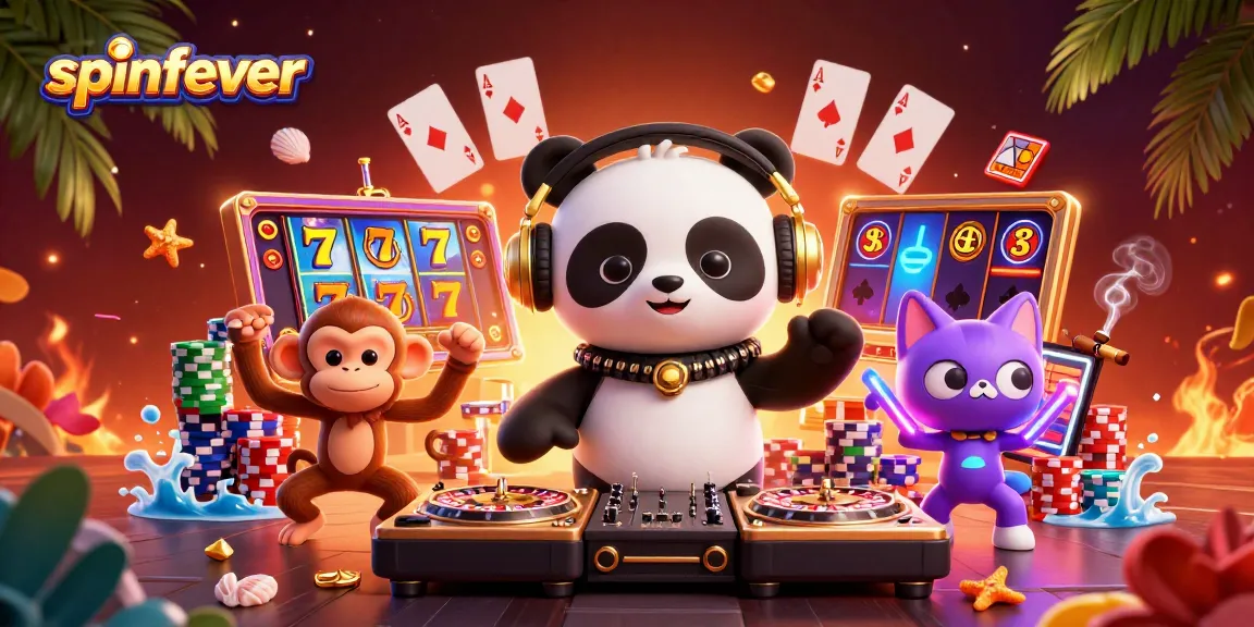 SpinFever shines as a vibrant online casino scene with lively DJ panda and breakdancing monkey.