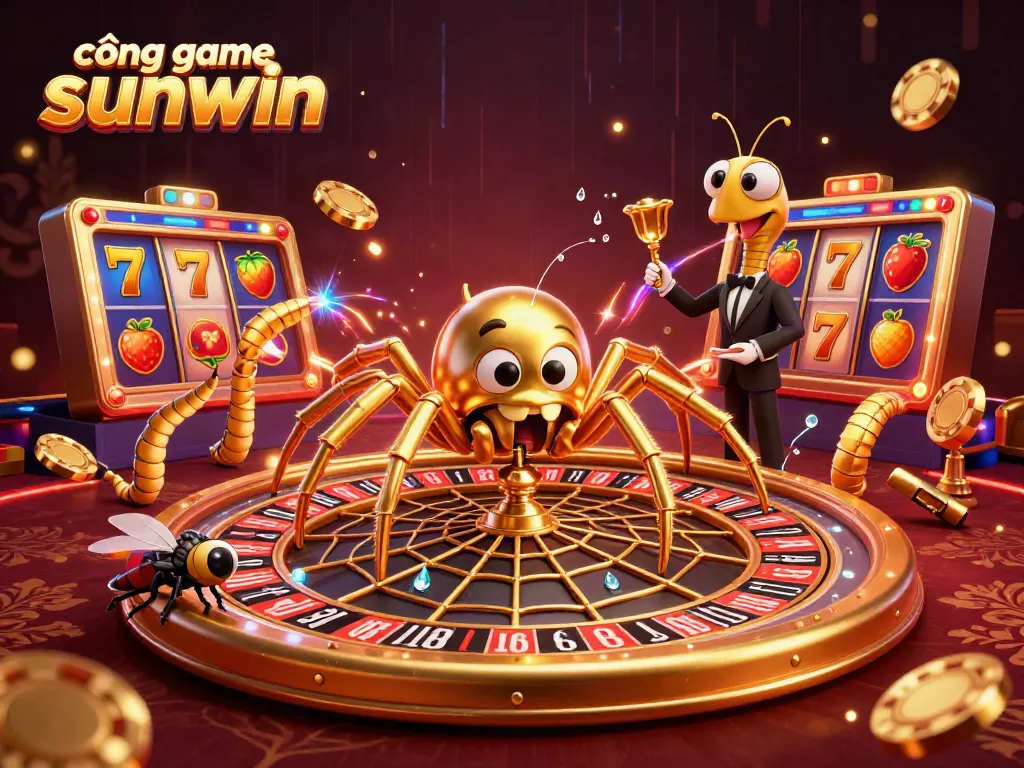Engaging scene showcasing cổng game sunwin with a golden spider and croupier at a roulette wheel, filled with vibrant casino elements.