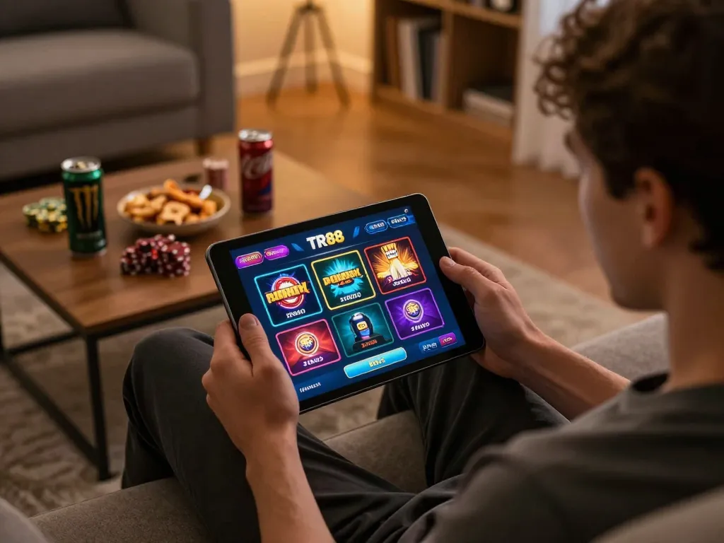 Engaged player exploring TR88 online casino on tablet in cozy living room atmosphere