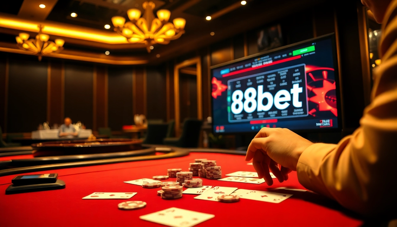 Engaging scene of a thrilling poker game at 88bet casino featuring vibrant chips and cards.