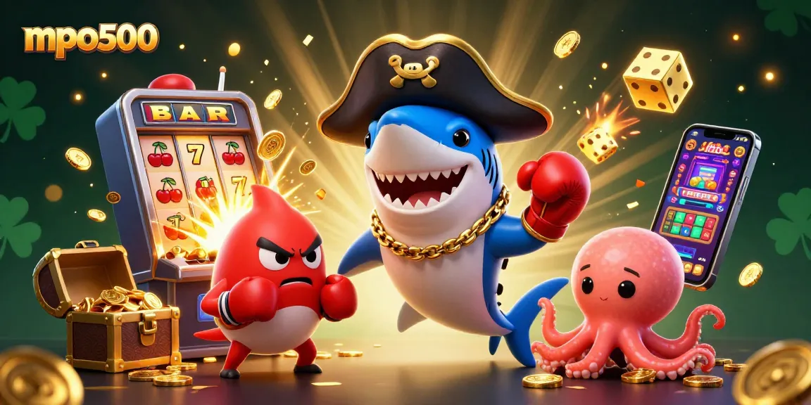 Spin to win big at mpo500 with vibrant 3D casino characters and elements surrounding a jackpot slot machine