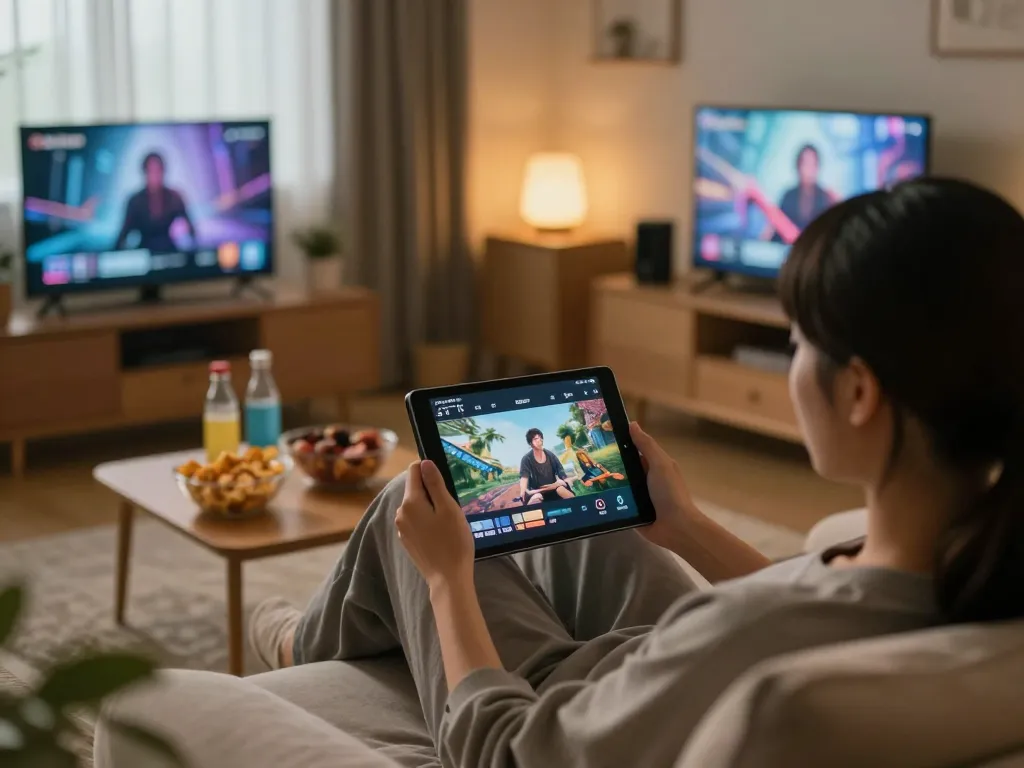 Streaming ดูหนังออนไลน์ฟรี on a tablet while enjoying a relaxing home environment with snacks.