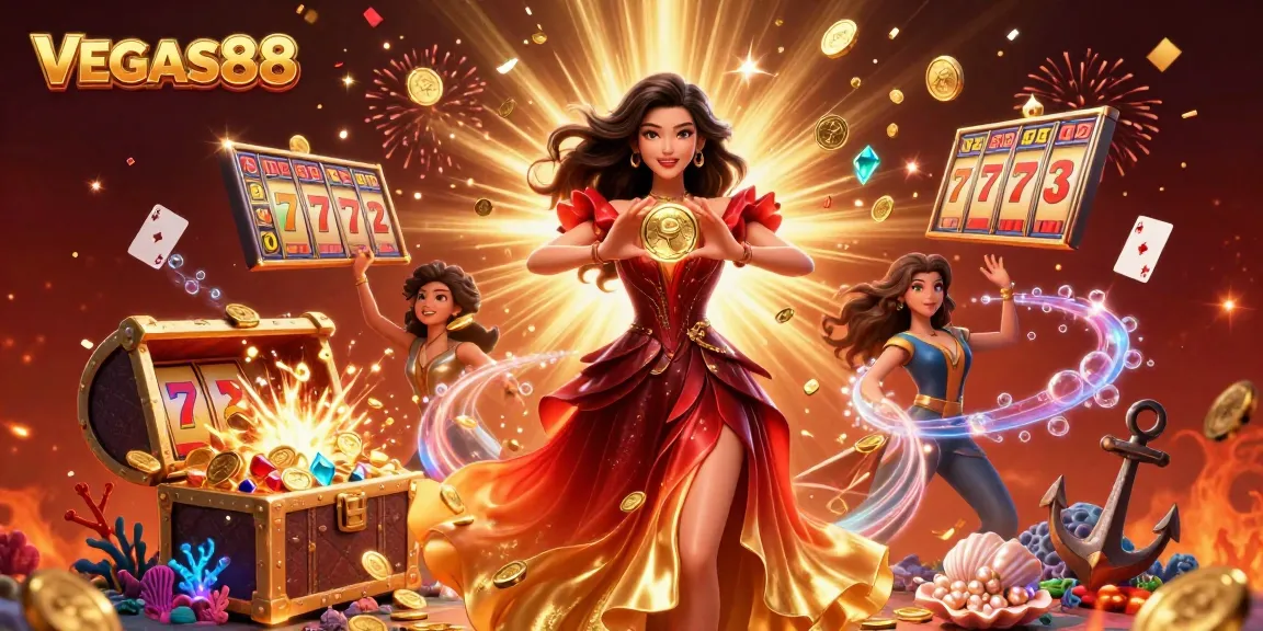 Experience the excitement of VEGAS88 with vibrant slot elements, gold coins, and a stunning casino scene.