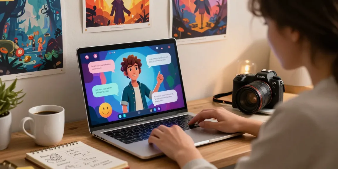 Engaging AI roleplay scene with character interaction on laptop in a cozy setting