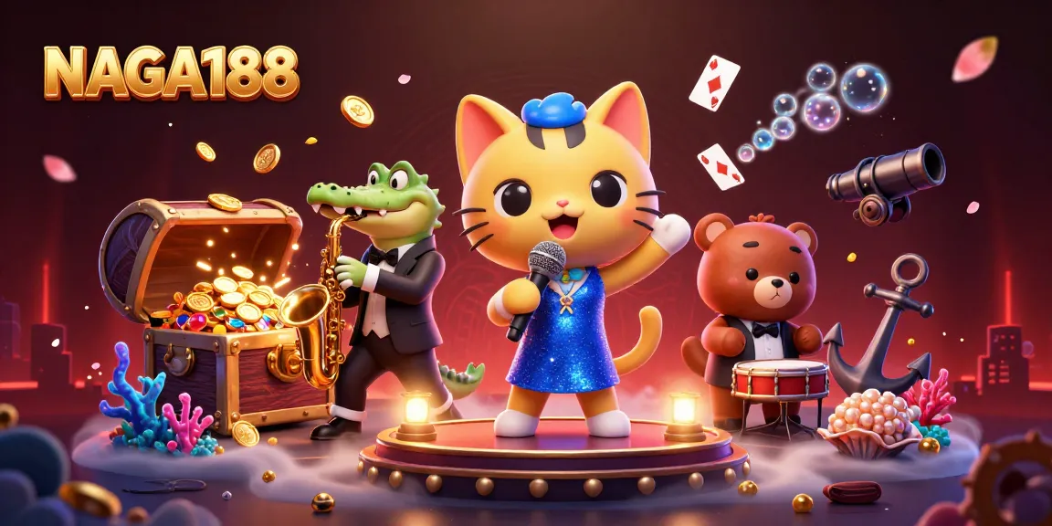 NAGA188 menampilkan ilustrasi kasino dengan karakter kucing penyanyi jazzy, buaya bermain saksofon, dan beruang kecil bermain drum.