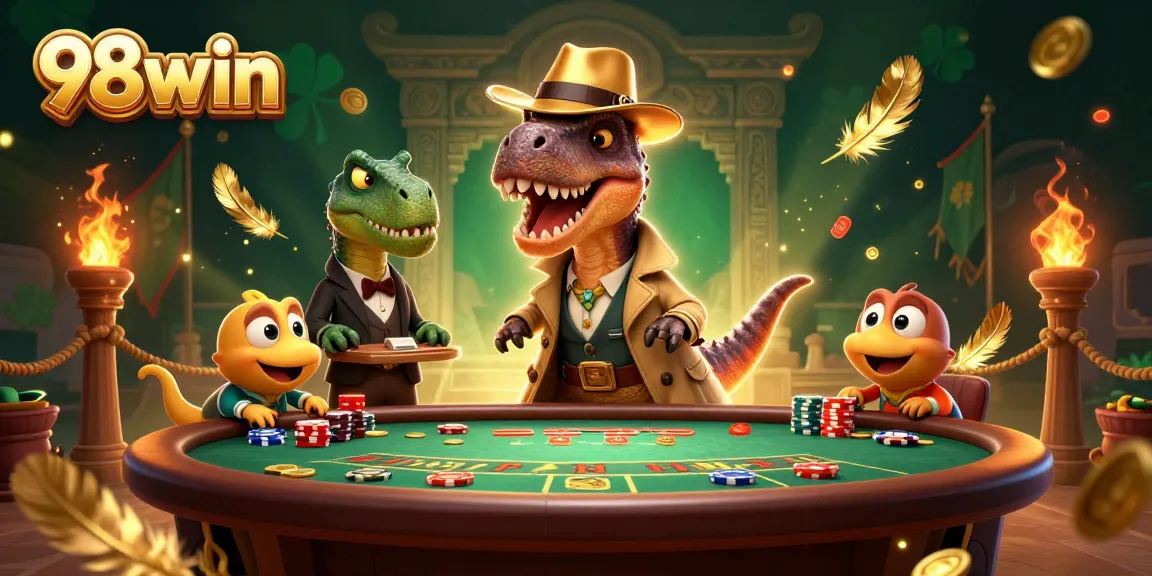 Experience thrilling casino action with 98win, a velociraptor card counter sneaking at a blackjack table.