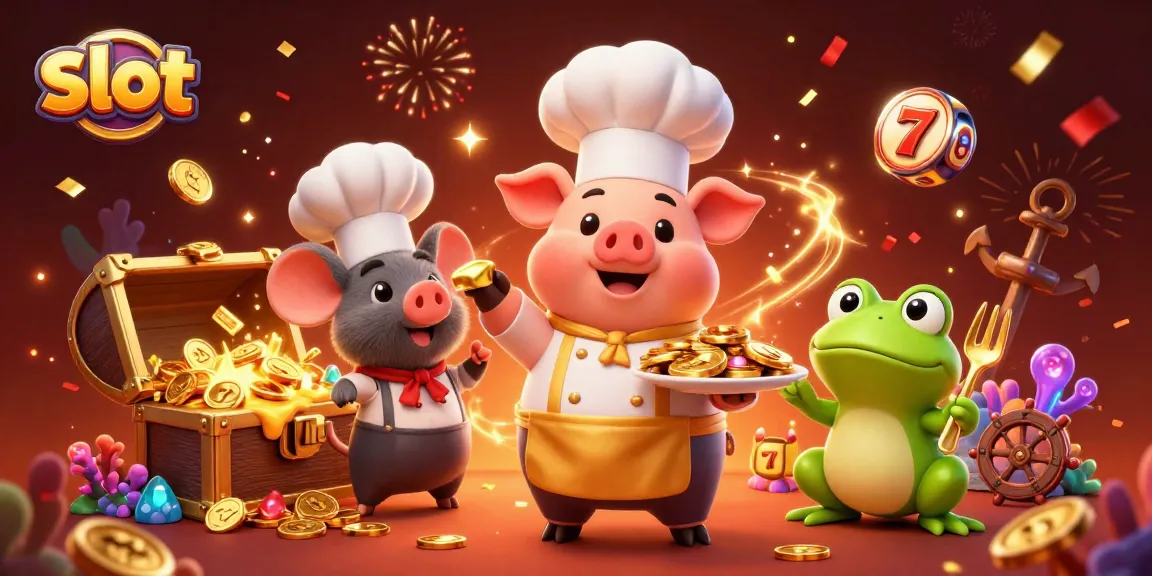 Raih kemenangan bertema slot dengan ilustrasi chef babi dan simbol slot yang menarik.