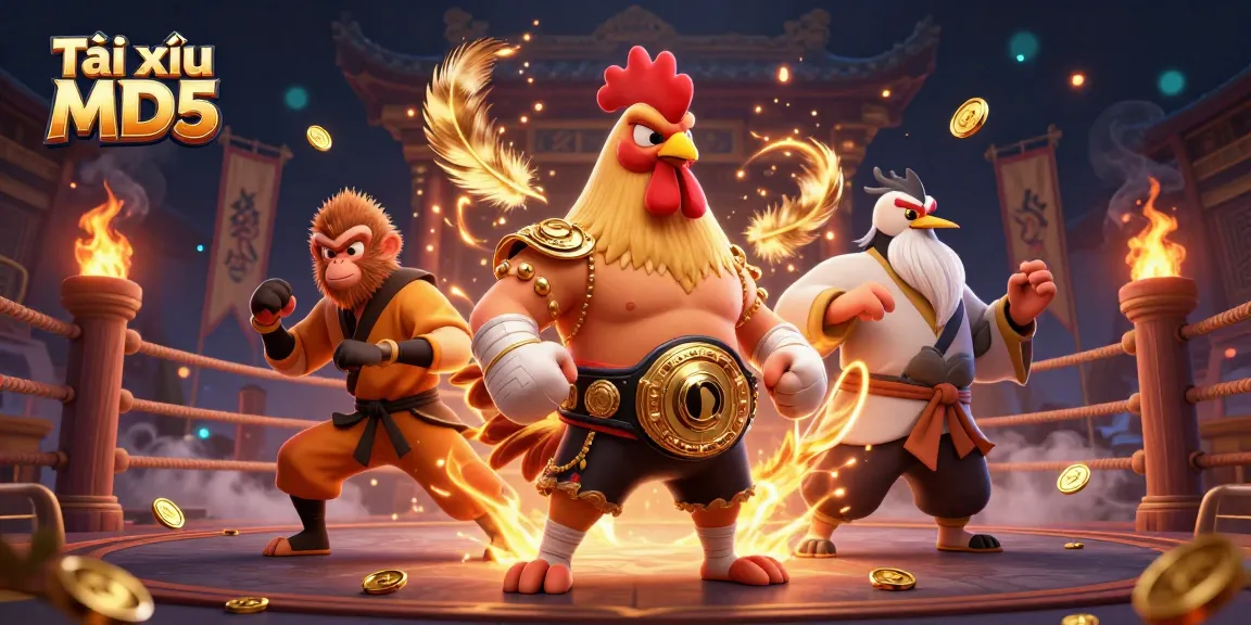 Engage with Tài xỉu MD5 in an explosive arena featuring dynamic characters, gold coins, and vibrant elements.