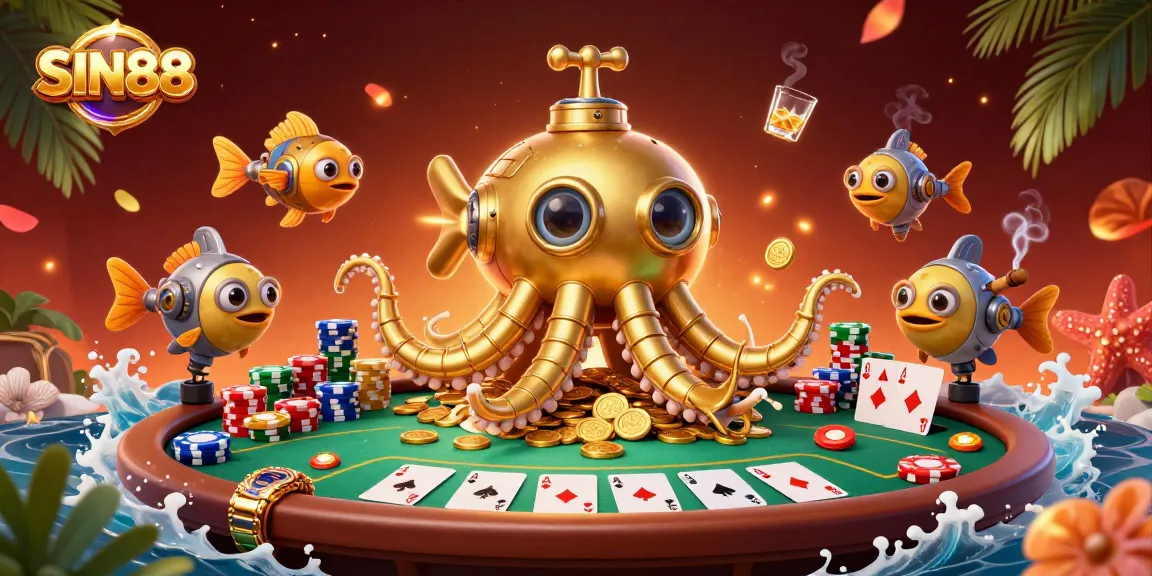 SIN88 offers thrilling poker action under a golden kraken submarine, immersed in casino excitement.