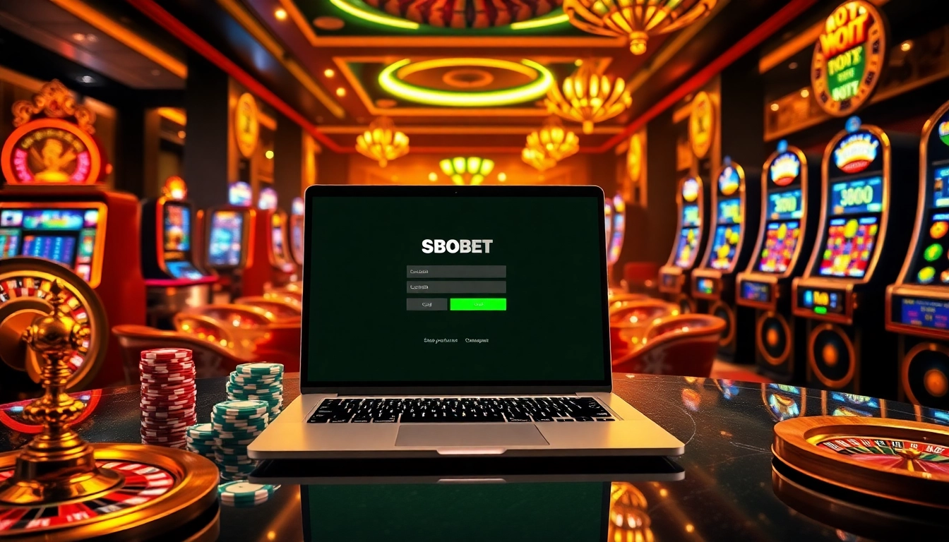 SBOBET login interface surrounded by poker chips and casino elements, showcasing luxury and excitement.