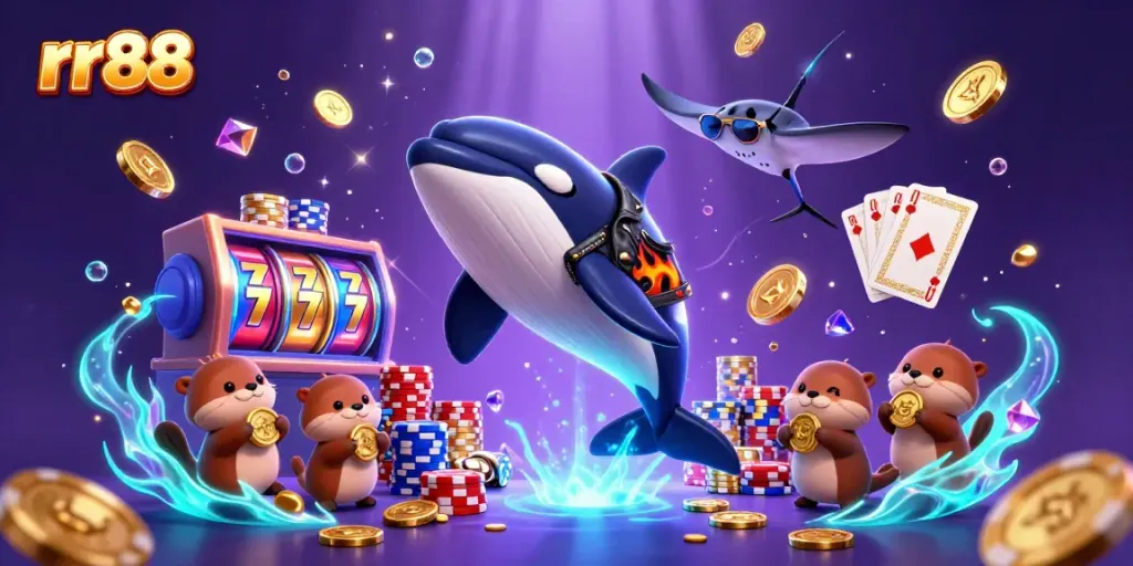 Engage in thrilling gameplay at rr88 with a fun illustration showcasing an orca, stingray, and otters amidst casino elements.