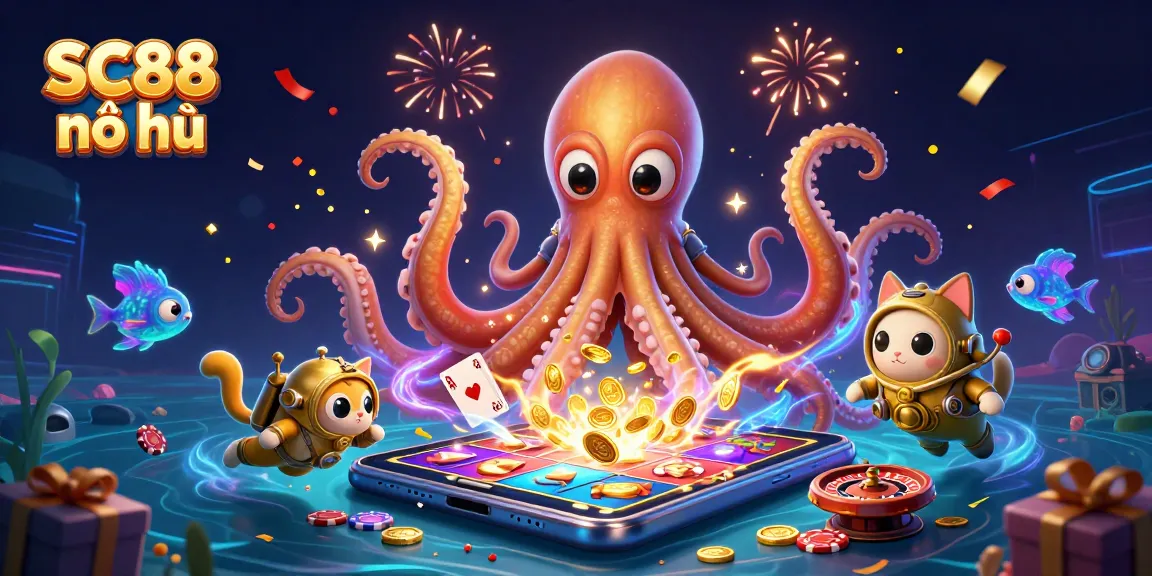 Spin to win big with SC88 nổ hũ, featuring a lively scene with a kraken and diving cat amidst exciting casino elements.