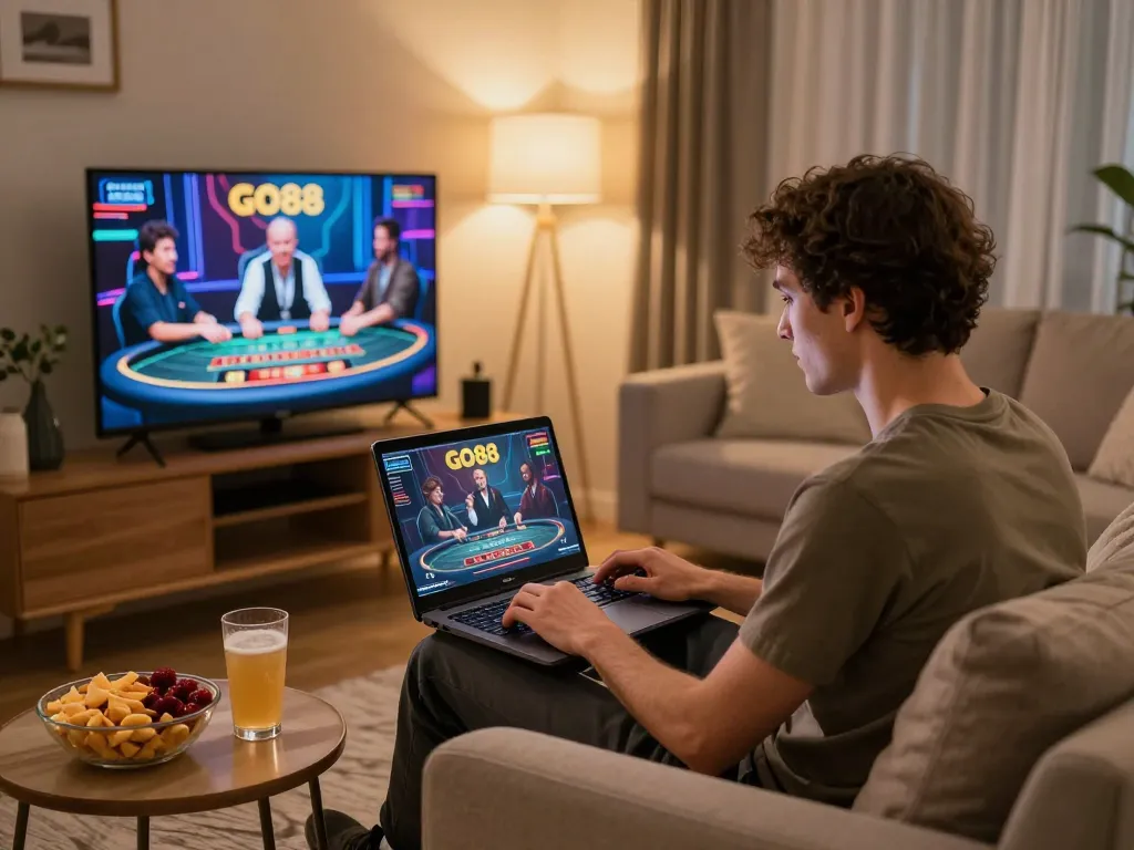 Engaging in GO88 online gaming from home, showcasing vibrant gameplay and a cozy atmosphere.