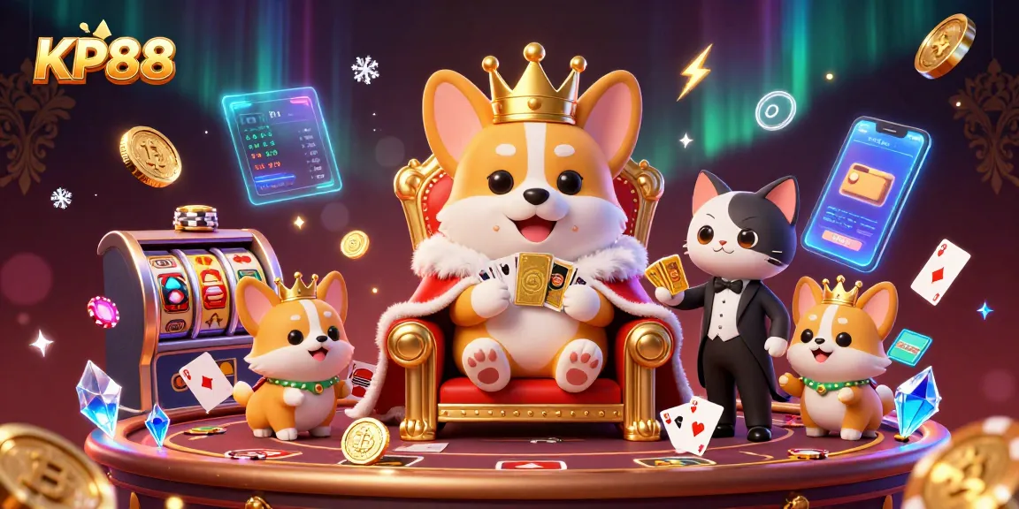 Play casino games at KP88 with exciting poker and slot elements featured in vibrant 3D illustration.