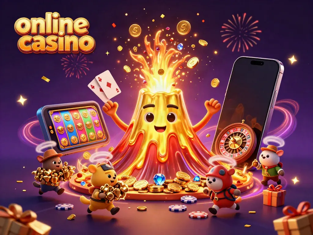 Engage with vibrant online casino action as golden volcano erupts with treasures amidst slot games.