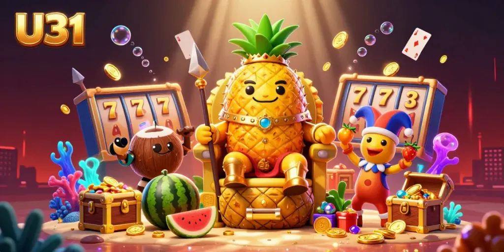 Engage in thrilling slots and jackpots with U31's vibrant casino spectacle featuring a golden pineapple king.