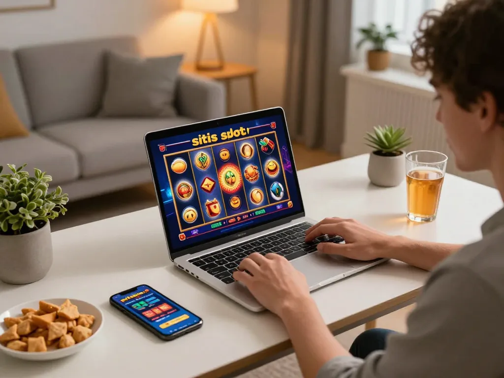 Engaging in situs slot gameplay on a laptop with colorful spinning reels visible, creating a cozy home gaming atmosphere