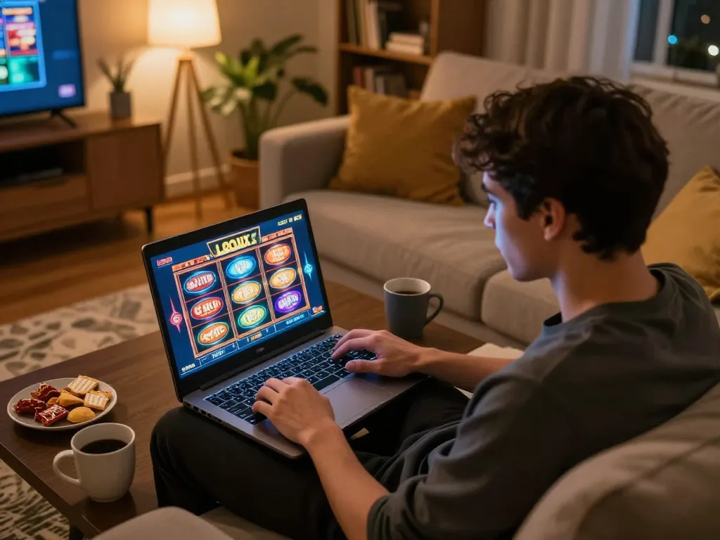 Engaging gameplay on LGOLUX online casino, player focused on spinning the slots from home