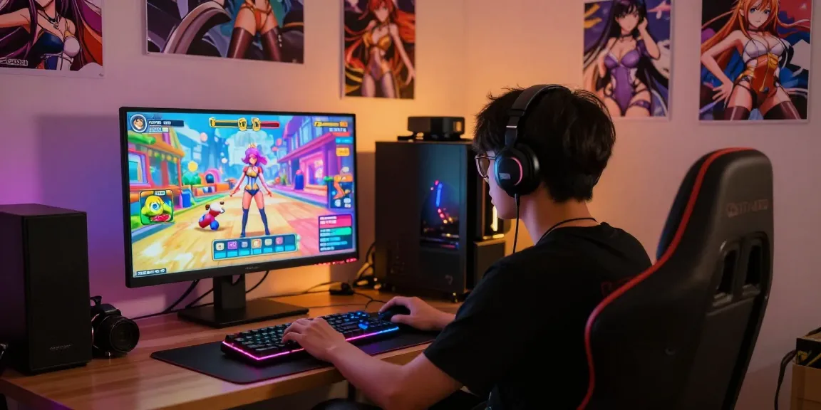 Engaged player enjoying an ecchi game on a vibrant gaming setup with alluring graphics
