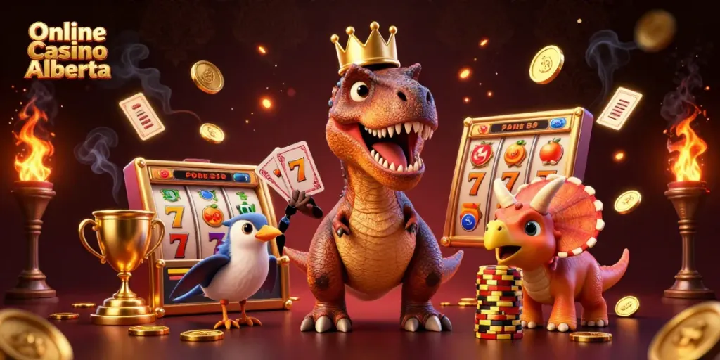 Play thrilling games at Online Casino Alberta with a T-Rex shuffling cards and joyful characters celebrating wins.