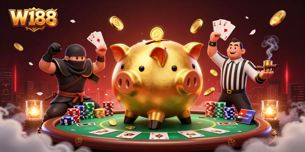 Experience thrilling action at W188 with a golden piggy bank sumo wrestler amidst lively poker elements.