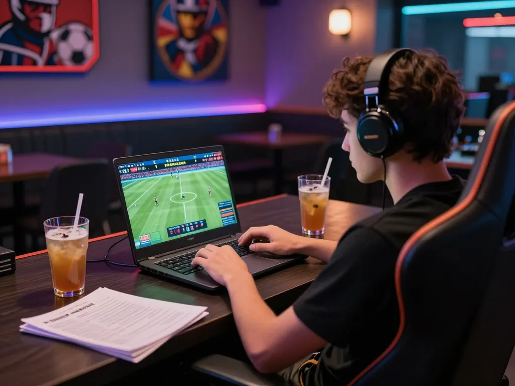 CakhiaTV sports betting enthusiast analyzing live football matches on a laptop in a vibrant lounge.