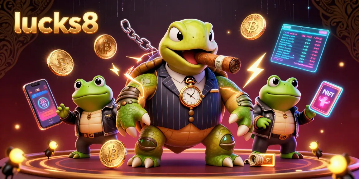 Join the fun at lucks8 with a vibrant illustration featuring a mobster turtle, bold bullfrog enforcers, and dynamic crypto elements.
