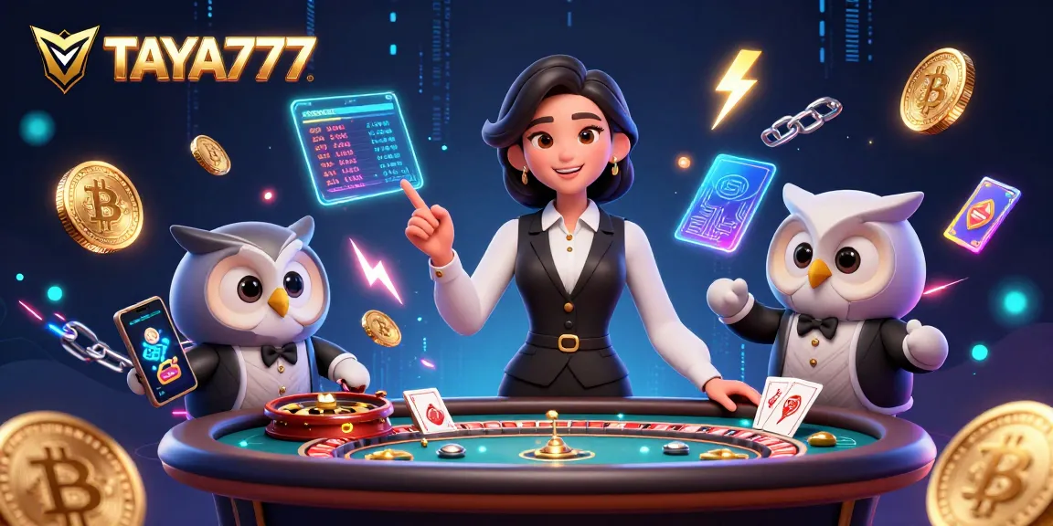 TAYA777 baccarat scene featuring a smiling dealer with an owl assistant, surrounded by dynamic gaming elements