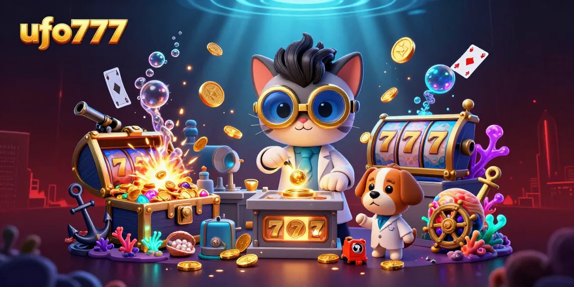 Engage with ufo777 through a vibrant 3D casino scene featuring a mad scientist cat and gold treasures.