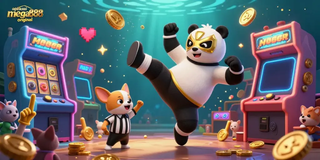 Engage with the aplikasi mega888 original gaming experience featuring an exciting 3D panda wrestler and vibrant casino elements.