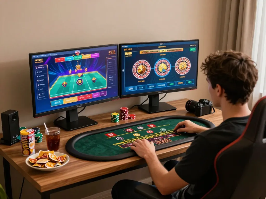 Player engaging with go99com online casino games from home while enjoying a cozy atmosphere.