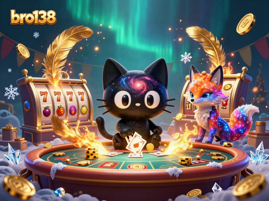 Menangkan chip emas di bro138 dengan kucing hitam galaksi dan teman rubah nebula bermain di meja kasino.