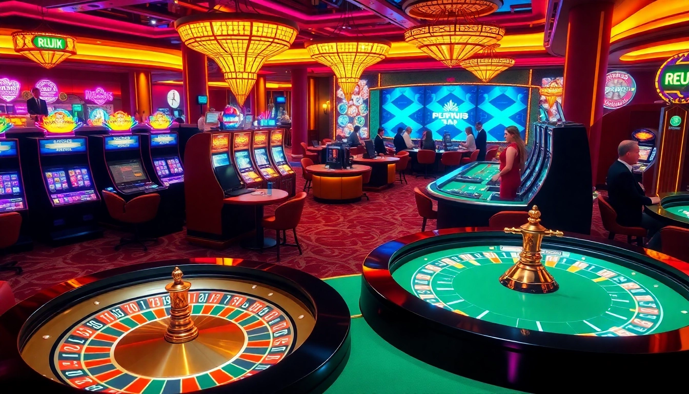 Pemain bertaruh di meja roulette di landaktoto yang glamor, dikelilingi lampu cerah dan suasana energik.