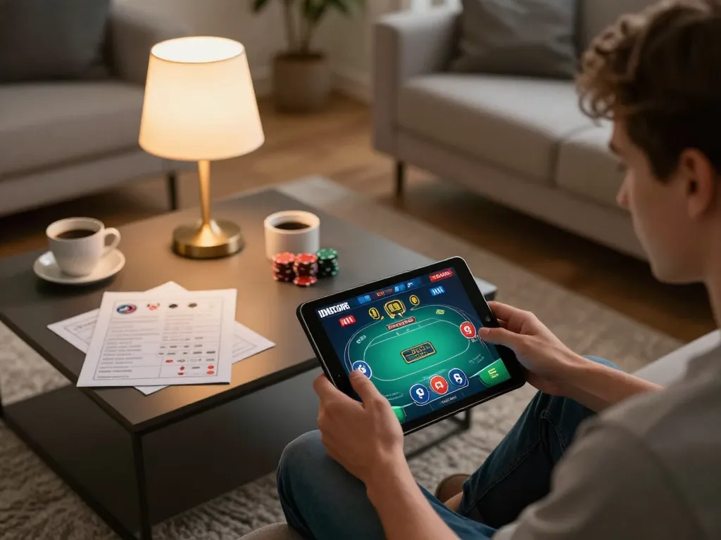 IDNSCORE online gaming session highlighting responsible gambling practices in a cozy home setting