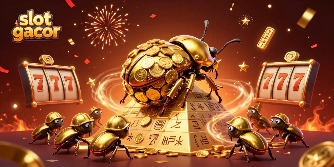 Slot gacor menampilkan kumbang emas di kasino penuh simbol menggembirakan.