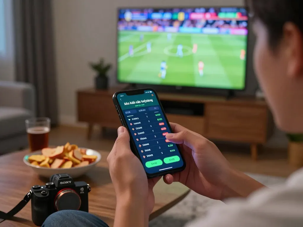 Engaging moment of a bettor using a mobile app for kèo nhà cái trực tiếp during a live sports game.