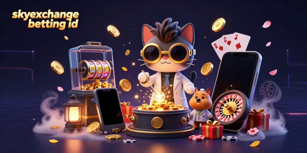 Engage with skyexchange betting id as a mad scientist cat creates golden coins in a dynamic casino scene.