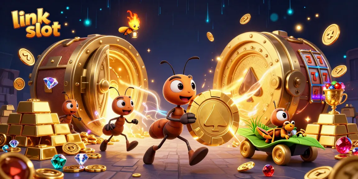 Ant tim 3D membawa chip poker emas dalam heist yang berisiko, menjelajahi link slot dengan lampu dan elemen berkedip.