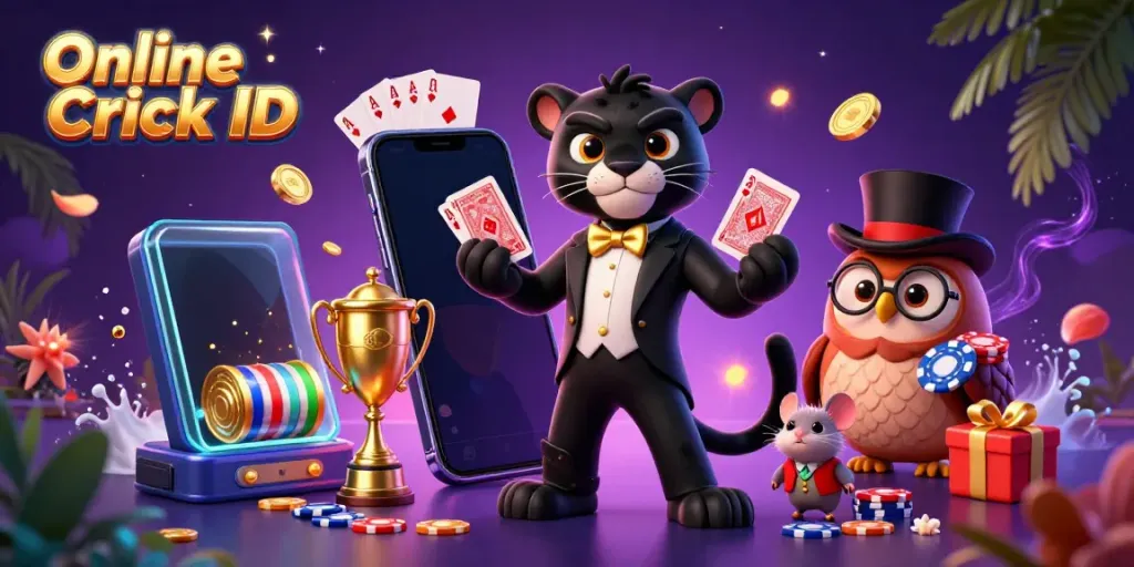 Engage in cricket betting with an Online Cricket ID featuring a stylish panther dealer and charming owl.