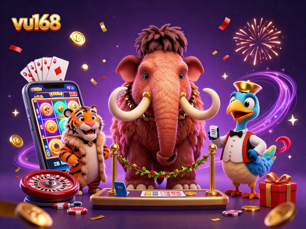 Engage with vu168's vibrant casino scene featuring a woolly mammoth bouncer, slot games, and VIP excitement.